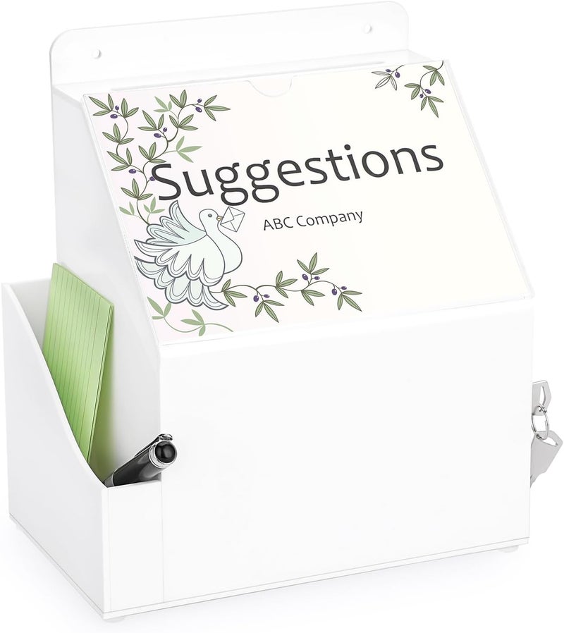 BTSKY Acrylic Suggestion Box with Lock Wall Mounted Acrylic Donation Box with 5"x7" Sign Slot Office Ballot Boxes with Side-Pocket Collection Boxes for Voting Locking Suggestion Mailbox, White - Image 1